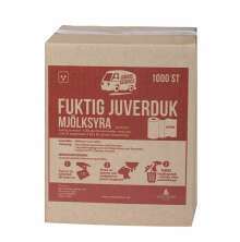 Brun kartong med rd framsida med produktnamnet Fuktad juverduk mjlksyra