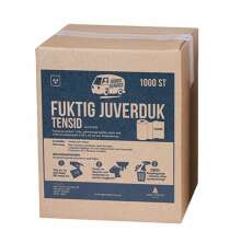 Brun kartong med bl framsida med produktnamnet Fuktad juverduk tensid