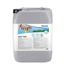 Gr plastdunk med etikett med text Ioklar multi spendopp