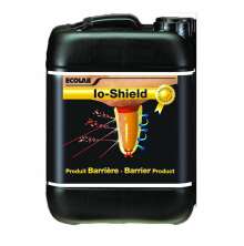 Svart plastdunk med etikett med text Io-Shield-spendopp