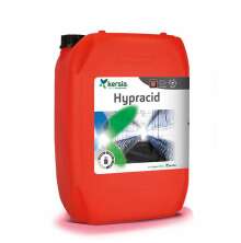 Rd plastdunk med svart kork och en etikett med produktnamet Hypracid