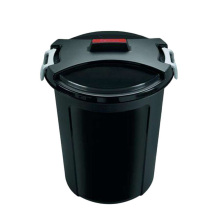 Svart fodertunna med tttslutande lock, brhandtag och tv vita spnnen p sidorna fr sker frslutning