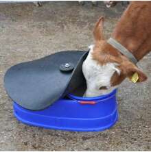 Mineralfodertr�g Basis Feeder med uppf�llt svart gummit�cke och bl�tt foderk�rl fyllt med mineralfoder