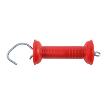 R�tt grindhandtag f�r elst�ngsel med ergonomiskt grepp och metallkrok, utformat f�r s�ker �ppning och st�ngning av grind i elst�ngsel, avbildat mot ljus bakgrund.