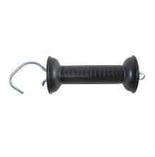 Alt/WCAG: Svart grindhandtag f�r elst�ngsel med r�fflat grepp och metallkrok, utformat f�r s�ker �ppning och st�ngning av grind, avbildat mot ljus bakgrund.